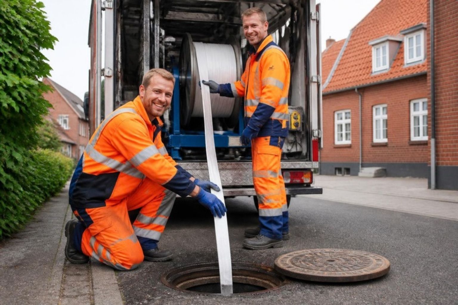 To smilende kloakarbejdere i orange arbejdstøj fører en strømpeforing fra en servicebil ned i en kloakbrønd på en villavej